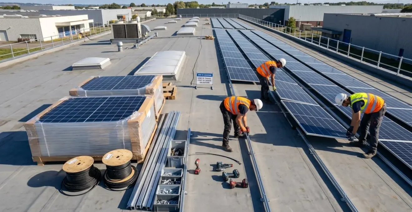 Chantier d'installation photovoltaïque en cours sur toiture industrielle avec plusieurs techniciens au travail, matériel et panneaux solaires visibles au premier plan