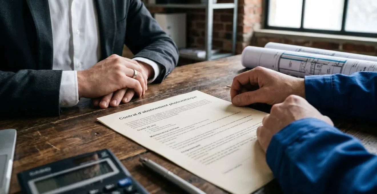 Document de contrat d'abonnement photovoltaïque sur bureau professionnel avec deux interlocuteurs, illustrant le modèle de financement tiers-investisseur