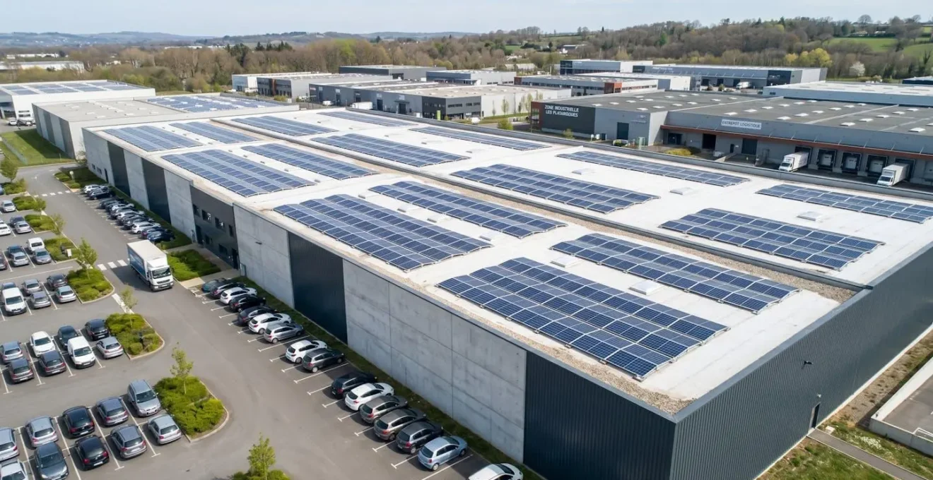 Vue aérienne d'une toiture industrielle française équipée de rangées de panneaux photovoltaïques, montrant l'échelle de l'installation dans son environnement professionnel avec bâtiments et parking en arrière-plan