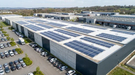 Vue aérienne d'une toiture industrielle française équipée de rangées de panneaux photovoltaïques, montrant l'échelle de l'installation dans son environnement professionnel avec bâtiments et parking en arrière-plan